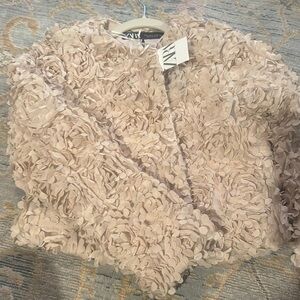 Zara Textured Floral Blazer in Beige